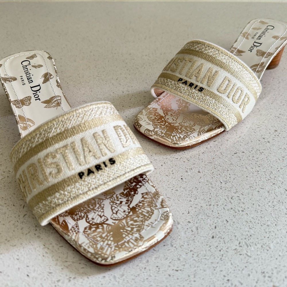 SOLD Christian Dior Dway Heeled Slides EU 37 US 7 White and Gold - Picture 7 of 10